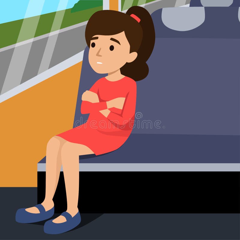 Little girl sitting on the bus looking out of window. Road trip. Going back home from school. Flat vector illustration