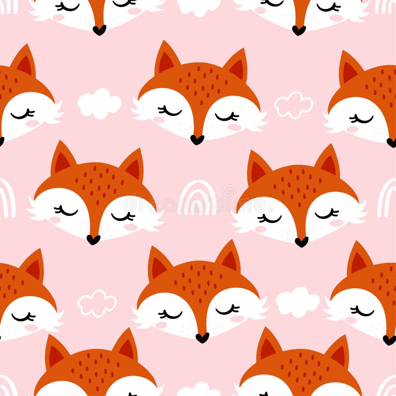 Cute fox pattern design with Fox heads and clouds on rose background
