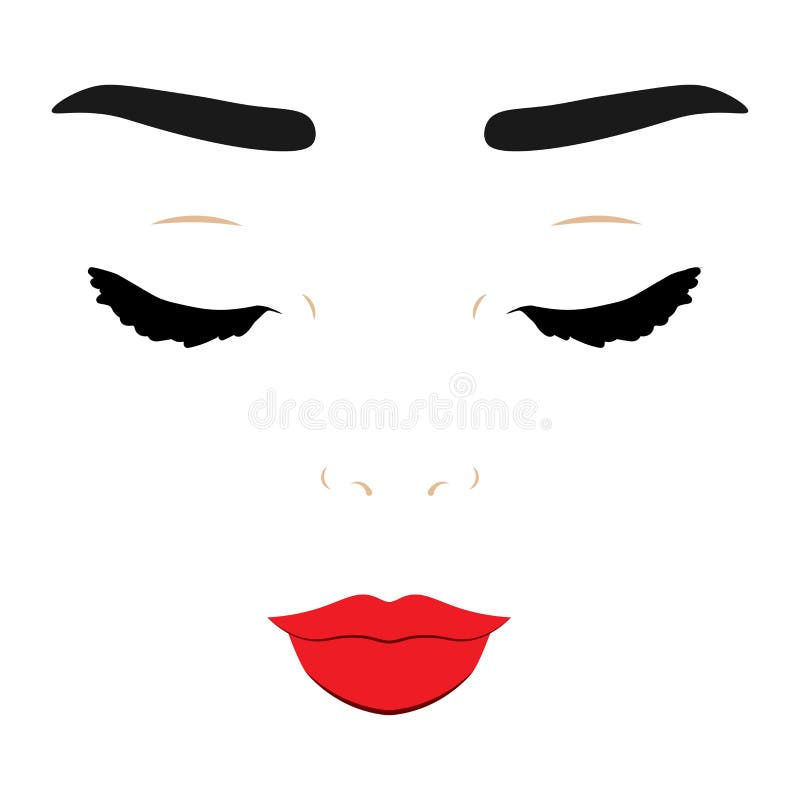 Hand drawn beautiful woman with close eyes, perfectly shaped eyebrows and lashes and red lips. royalty free illustration