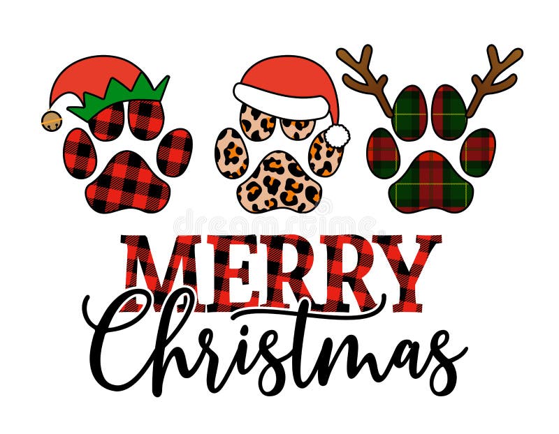 Merry Christmas - Paw print shaped dog or cat pawprints for gift tag. Hand drawn footprints for Xmas greetings cards, invitations. Good for t-shirt, mug, scrap booking, gift, printing press. Shaped gift vectors