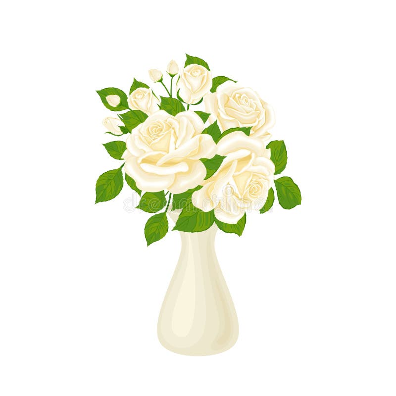 Bouquet of White Rose Flowers in a Vase Isolated. Vector Floral