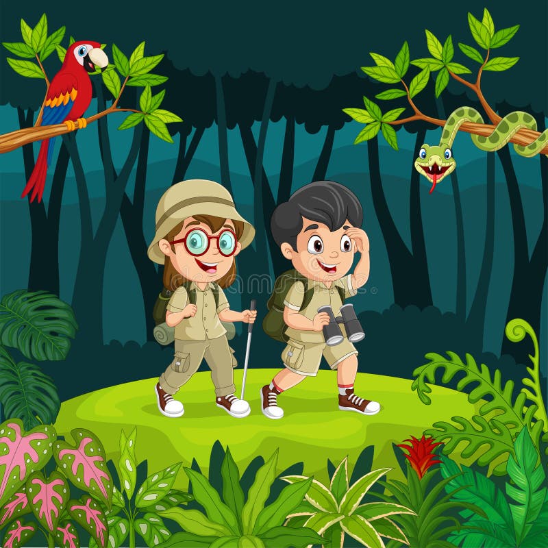 Cartoon explorer kids with animals in the jungle vector illustration