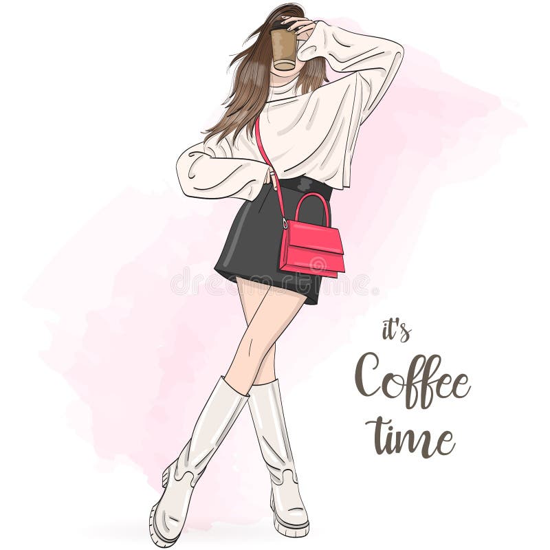 Hand Drawn Beautiful Cute Girl with Coffee in His Hand. Stock Vector