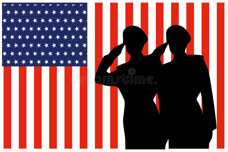 Silhouettes of male and female soldiers saluting the american flag. American flag background with soldier silhouette. Suitable for design commemoration of independence and nationality