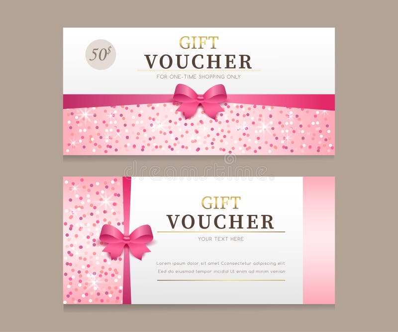 Vector set of luxury gift vouchers with ping ribbons and gift box. royalty free illustration