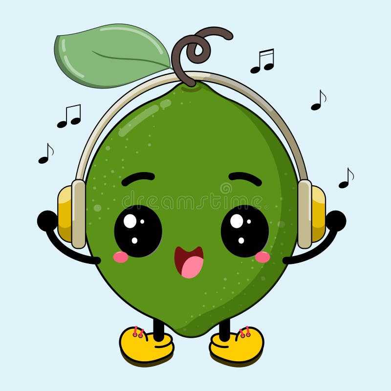 Cute And Funny Lime Cartoon Listening Music Happily Clipart Illustration stock illustration