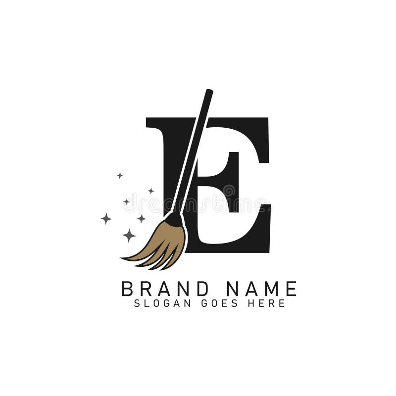 Letter E House Cleaning Broom Logo. Alphabet E Cleaning Brush Icon stock illustration