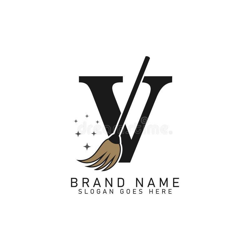 Letter V House Cleaning Broom Logo. Alphabet V Cleaning Brush Icon stock illustration