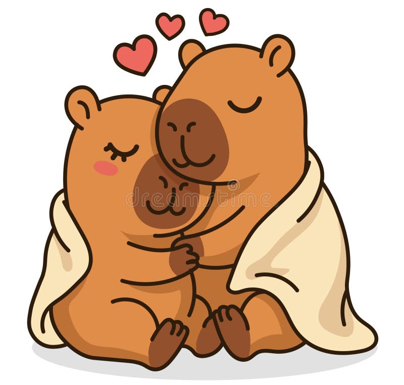 Cute capybara couple hugging under cozy blanket with hearts, lovely animals in cartoon sticker style expressing love, care and tog stock illustration