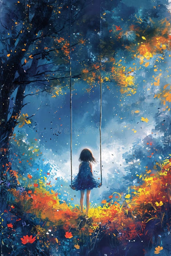 Art Illustration of Little Girl on a Swing in the Magic Forest. Ai ...