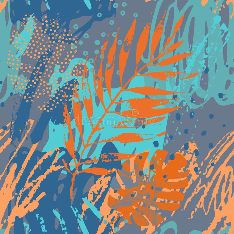 Art illustration: rough grunge tropical leaves filled with marble texture, doodle elements background