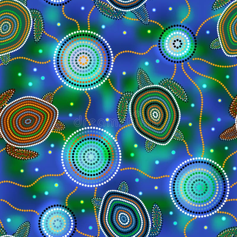Art indigène australien Tortues de mer et méduses Configuration sans joint Tache floue vert-bleu de fond