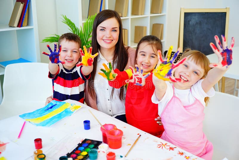 Art lesson in kindergarten stock photo. Image of classroom 91726230