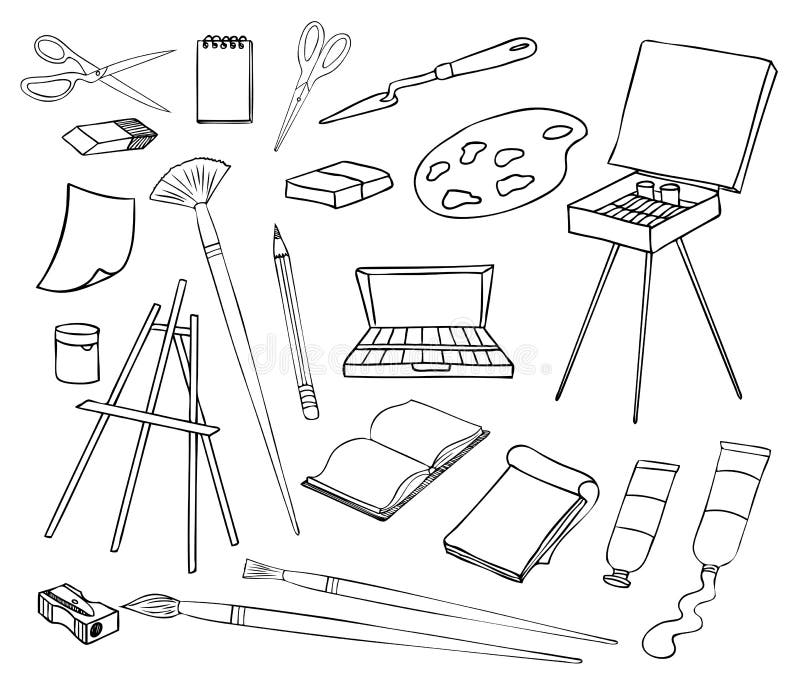 Art supplies vector color sketch illustration. Drawing, painting and  calligraphy design elements, isolated on white background. Hand drawn  isolated cr Stock Vector Image & Art - Alamy