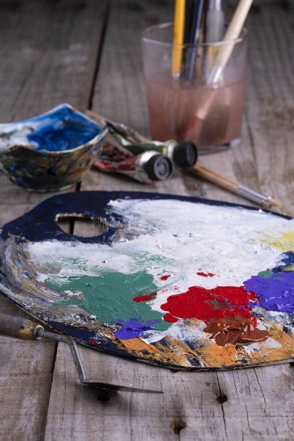 Art Palette with Paint and a Brush Stock Image Image of colors