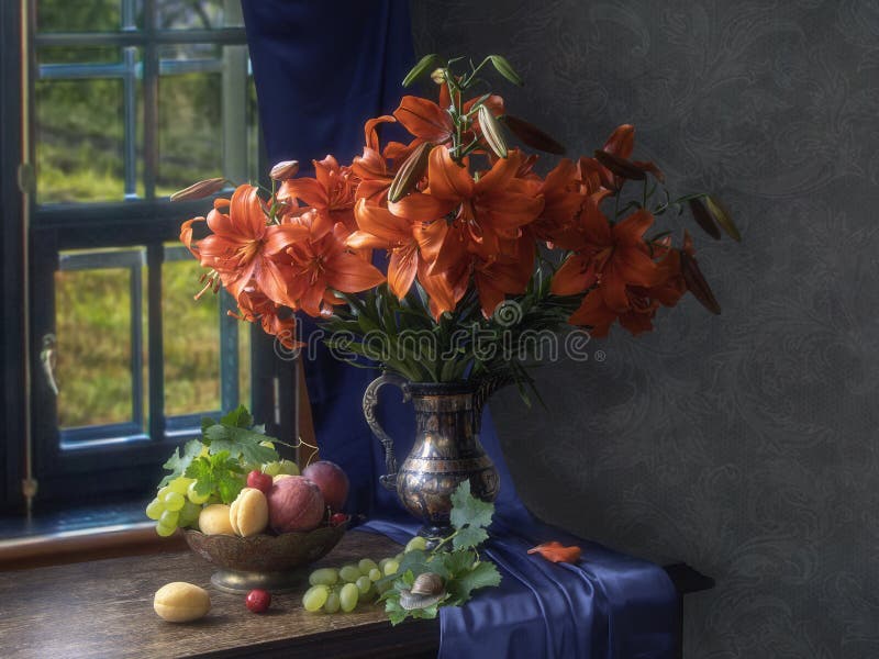 Still life with fruits and orange lilies