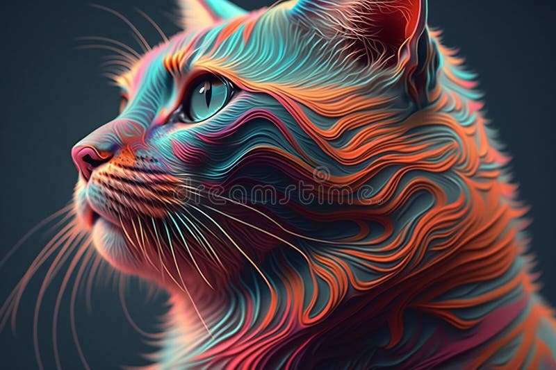 Art portrait of a close-up side view realistic cat with bright paint isolated on clean background. Generative AI