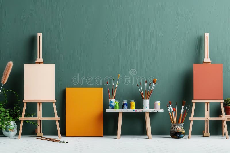 An Art Room with Easels Paintbrushes and Colorful Canvases Stock An Art Room with Easels Paintbrushes and Colorful Canvases Stock