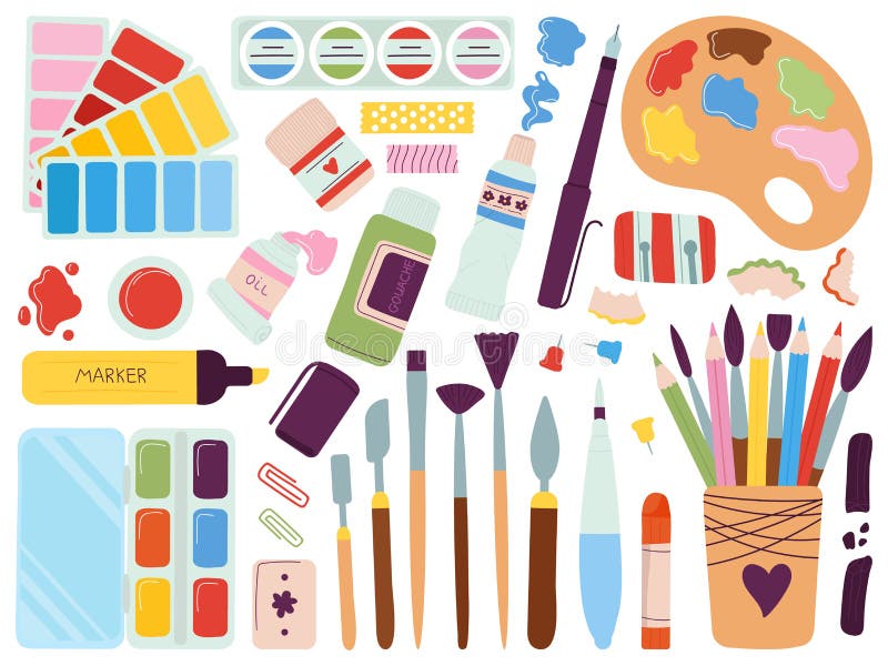 Free Vector  Different art supplies vector illustrations set. tools and  equipment for painting and drawing: paint tubes, brushes, pencils,  watercolor isolated on white background. art, craft, creativity concept