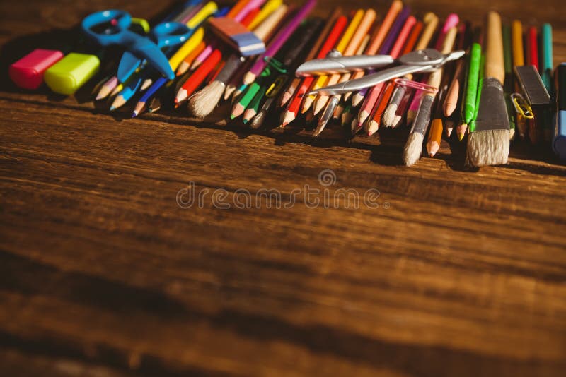 Art Supplies on Desk with Copy Space Stock Image Image of eraser