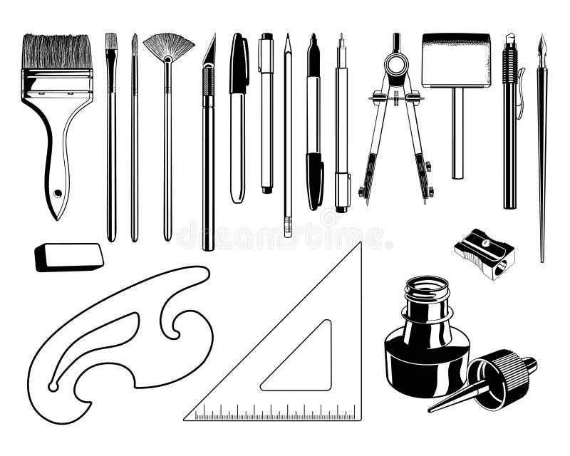 Art and Drawing Supplies Black and White Vector Graphic Illustration