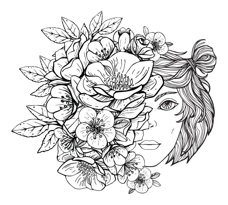 Colouring pictures with girl and flower. Art therapy coloring page for adults and children.