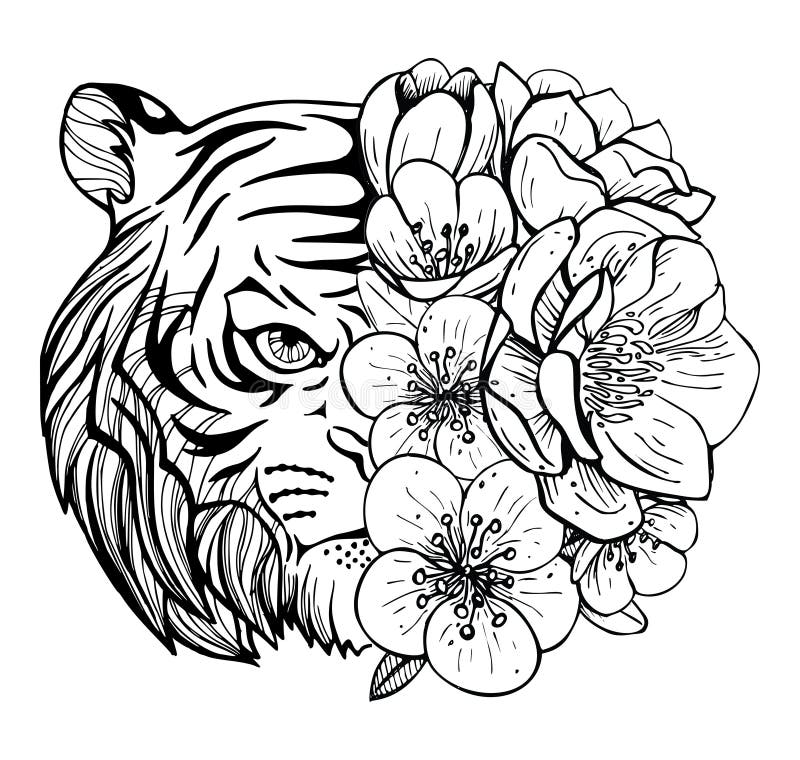 Colouring Pictures with a Tiger and Flower. Art Therapy Coloring Page for  Adults and Children. Stock Image - Image of design, beautiful: 233559991