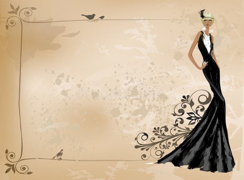 Art und Weiseweinlesemädchen im schwarzen Kleid lizenzfreie abbildung