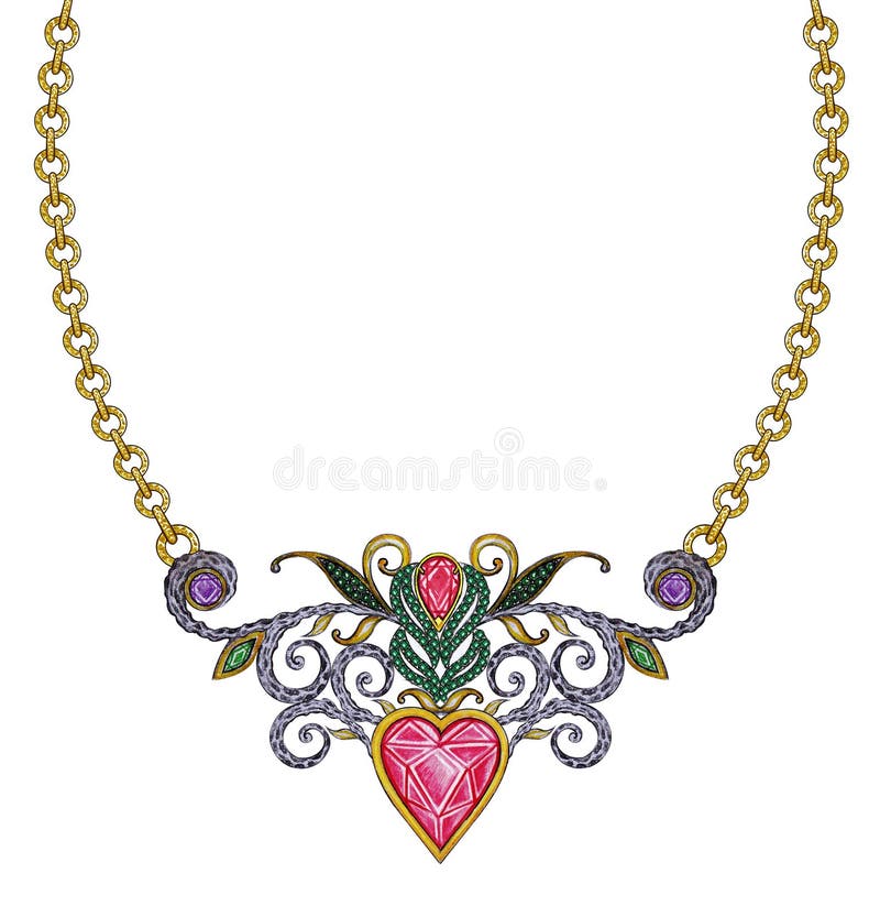 Art Vintage Mix Heart Necklace Jewelry. Stock Illustration - Illustration  of diamond, golden: 149125817