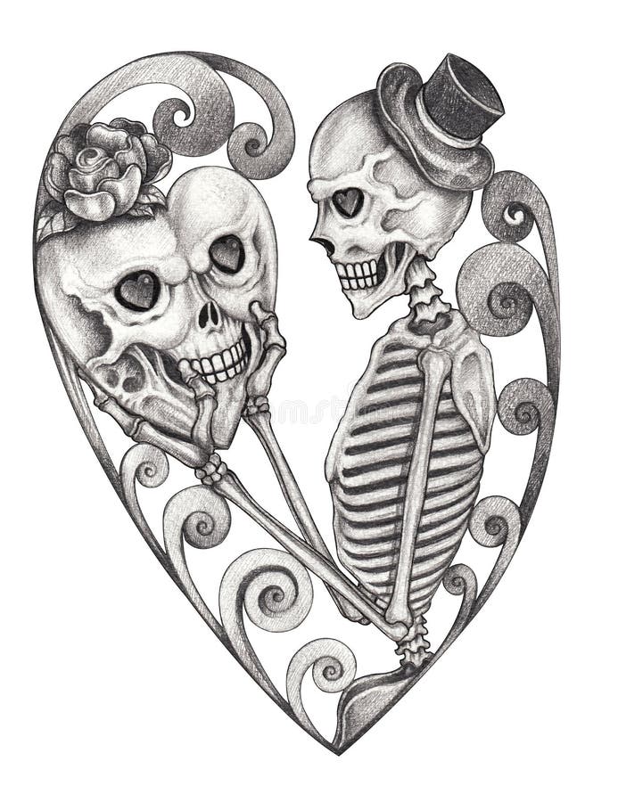 Art Vintage Mix Surreal in Love Skull Tattoo. Stock Illustration -  Illustration of graphic, heart: 121235755