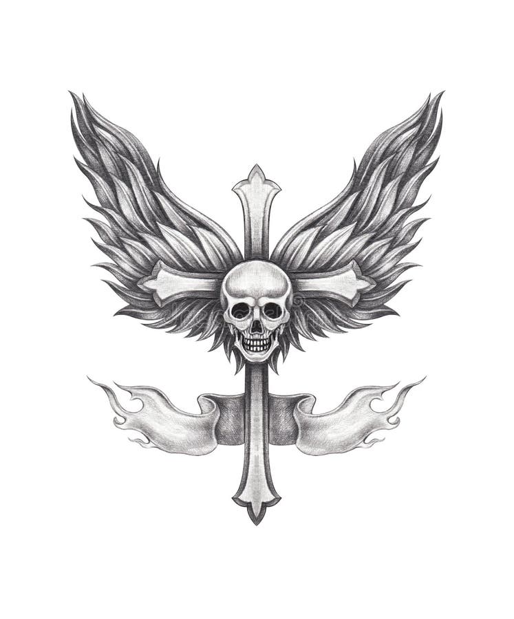 Art Wings Angel Skull Cross Tattoo. Stock Illustration - Illustration of  human, design: 155472810