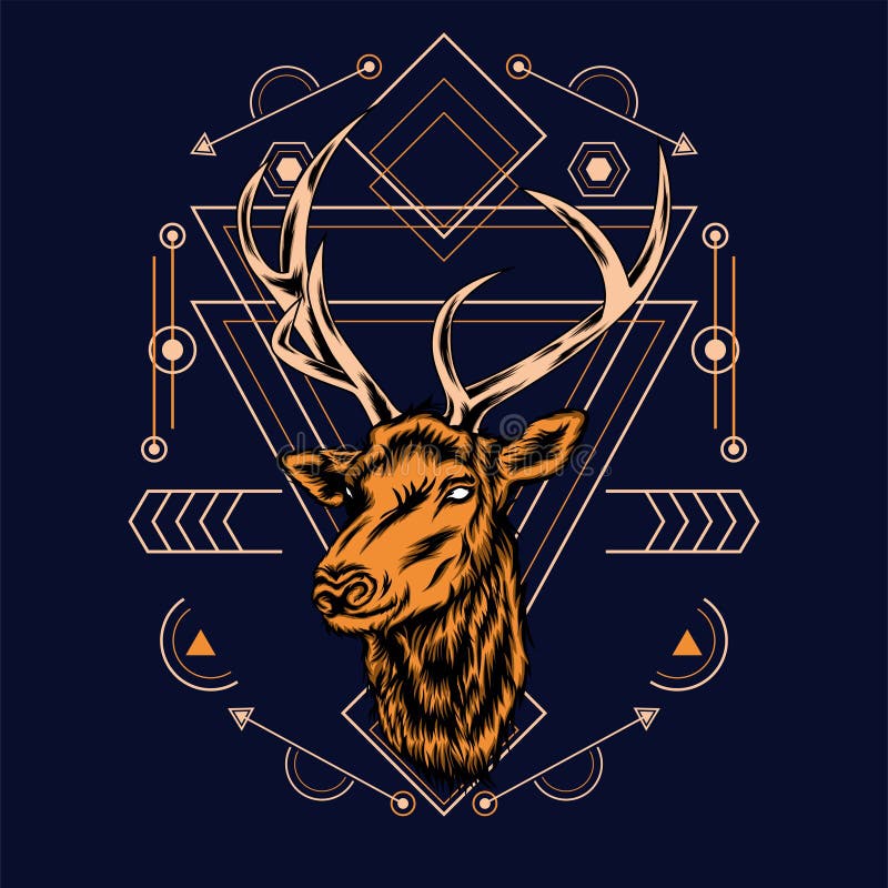 Deer Head with Sacred Geometry Pattern on Black Backgroundvector Retr
