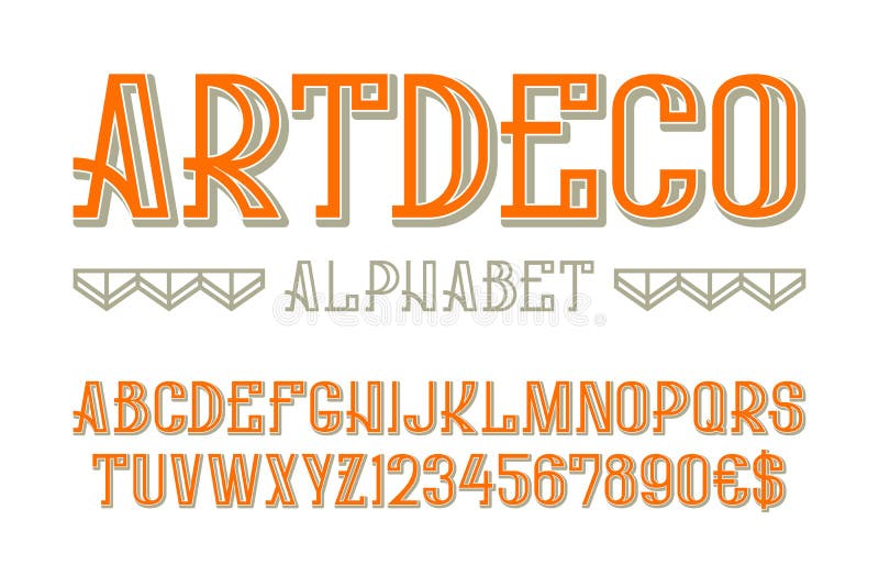 Artdeco alphabet with numbers and currency signs vector illustration