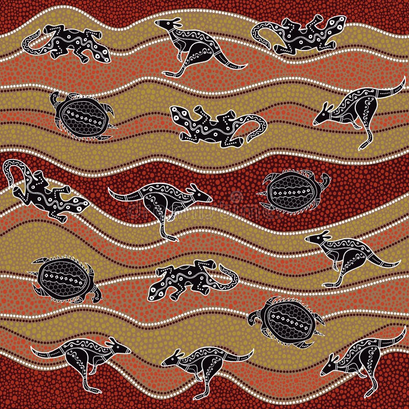 Arte aborigen australiano sin fisuras vectorial con canguro, lagarto, tortuga y rayas puntiagudas. stock de ilustración Arte aborigen australiano sin fisuras vectorial con canguro, lagarto, tortuga y rayas puntiagudas. stock de ilustración
