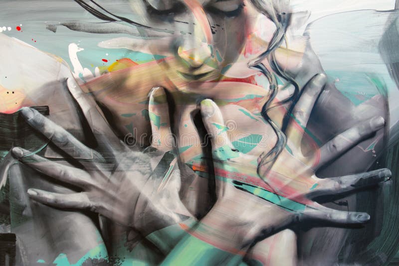 Arte abstrata da pintura: Cara feminino e mãos ilustração stock Arte abstrata da pintura: Cara feminino e mãos ilustração stock