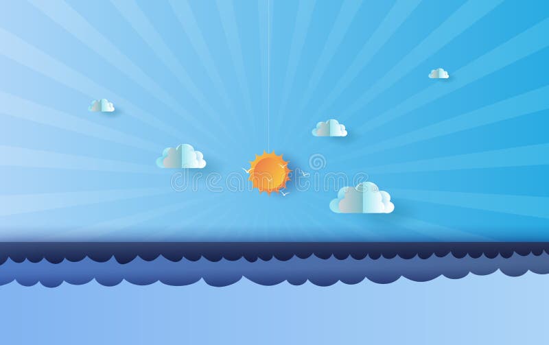 Arte de papel da paisagem azul do mar e do céu das horas de verão da ilustração, luz solar bonita, cor doce pastel do cenário da ilustração do vetor Arte de papel da paisagem azul do mar e do céu das horas de verão da ilustração, luz solar bonita, cor doce pastel do cenário da ilustração do vetor