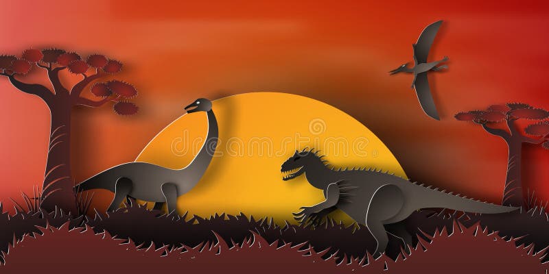Arte De Papel Del Dinosaurio En El Bosque Con Puesta Del Sol, Naranja,  Noche, Vector, Ilustración del Vector - Ilustración de animal, selva:  121915687
