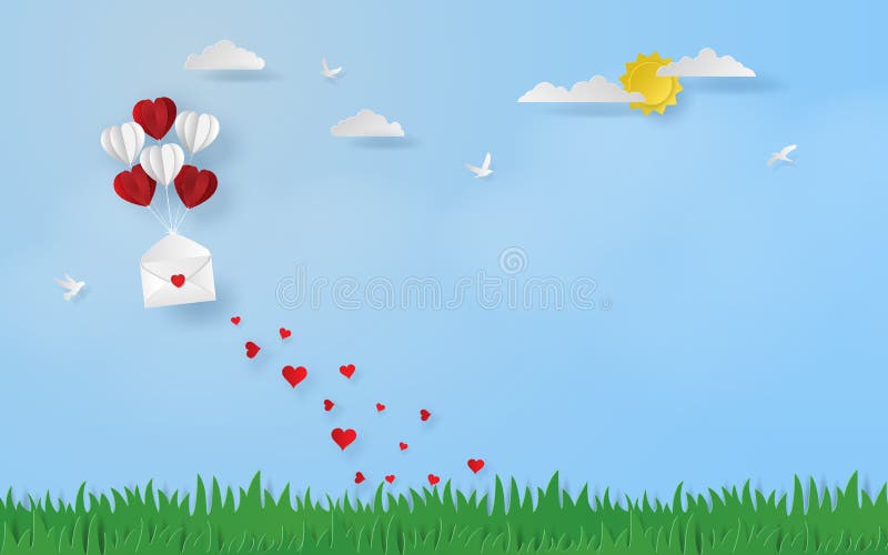 Arte de papel, estilo del arte del globo en forma de corazón con la letra abierta que flota al cielo stock de ilustración Arte de papel, estilo del arte del globo en forma de corazón con la letra abierta que flota al cielo stock de ilustración