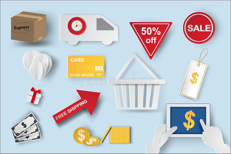 Arte de papel de iconos de los símbolos del comercio electrónico, ele de las compras de Internet libre illustration Arte de papel de iconos de los símbolos del comercio electrónico, ele de las compras de Internet libre illustration