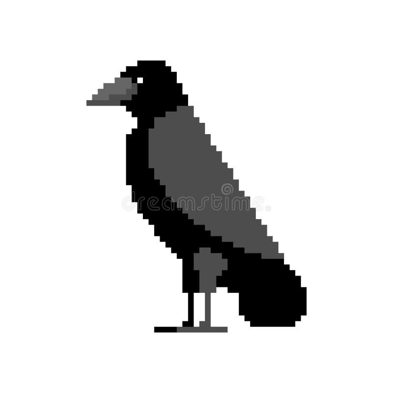 Arte de píxel negro raven aislado. símbolo pixelado de la muerte en el cuervo negro de 8 bits ilustración del vector