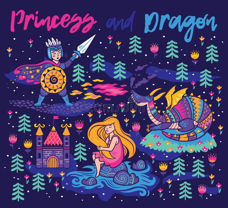 Arte del drago e di principessa Stampa magica di fantasia illustrazione vettoriale Arte del drago e di principessa Stampa magica di fantasia illustrazione vettoriale