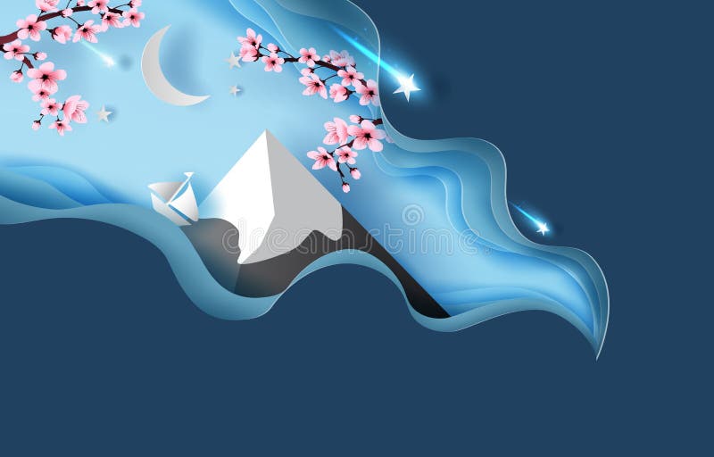 arte della carta 3d del paesaggio astratto della curva di primavera della montagna Fuji Notte di stagione primaverile del fiore d illustrazione di stock arte della carta 3d del paesaggio astratto della curva di primavera della montagna Fuji Notte di stagione primaverile del fiore d illustrazione di stock
