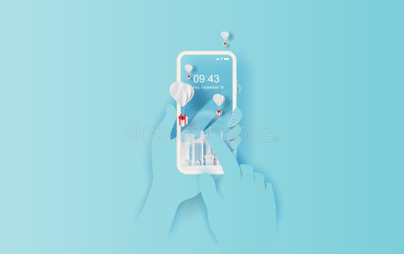 arte della carta 3D e stile del mestiere di galleggiamento bianco del pallone online di acquisto dello smartphone e del contenito illustrazione vettoriale arte della carta 3D e stile del mestiere di galleggiamento bianco del pallone online di acquisto dello smartphone e del contenito illustrazione vettoriale