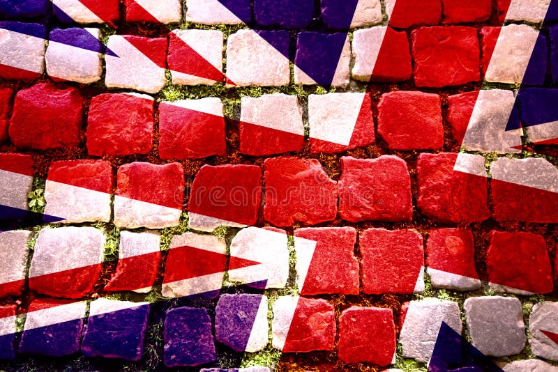 Arte della parete che mostra una bandiera di Union Jack ricoperta sui ciottoli, con w illustrazione di stock Arte della parete che mostra una bandiera di Union Jack ricoperta sui ciottoli, con w illustrazione di stock