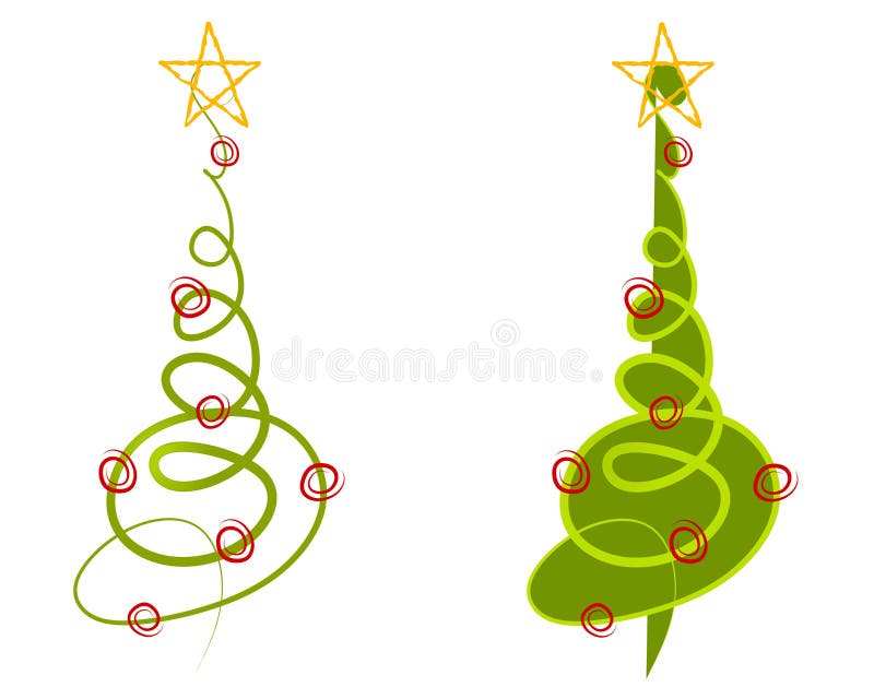 A clip art illustration of your choice of 2 abstract Christmas trees made of simple doodled lines in green with decorations. A clip art illustration of your choice of 2 abstract Christmas trees made of simple doodled lines in green with decorations