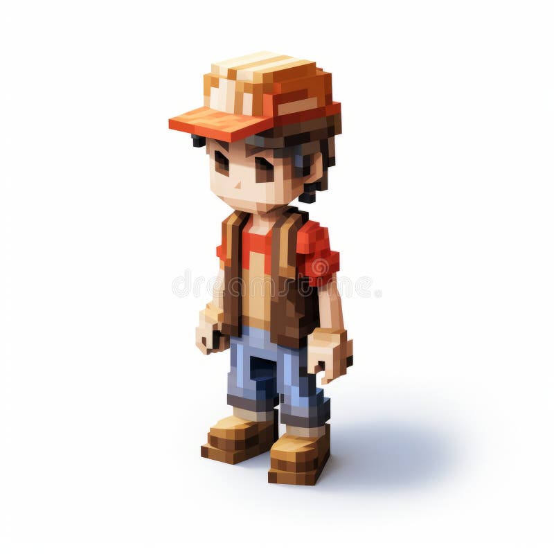 Arte di gioco 2d pixelata : vignetta di grayson a 8 bit. Un carattere pixel si trova davanti a uno sfondo bianco che assomiglia a paesaggi realistici con bordi morbidi. lo stile ricorda la grafica ps1 con tonalità di colore rosso chiaro e marrone chiaro. la prospettiva isometrica aggiunge profondità all'immagine mentre la risoluzione uhd ne migliora la bellezza. prodotto a base di