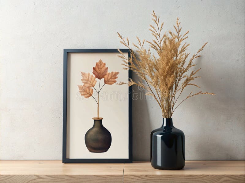 Arte enmarcado de hojas secas en un jarrón y un jarrón de flores secas en una estantería de madera. generación de ai fotográfico de alta calidad