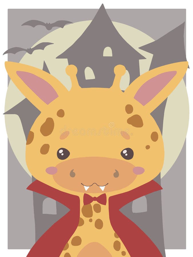 Arte lindo del vector de Halloween para los niños, la jirafa vestida encima como de vampiro con los colmillos y el cloa rojo stock de ilustración Arte lindo del vector de Halloween para los niños, la jirafa vestida encima como de vampiro con los colmillos y el cloa rojo stock de ilustración