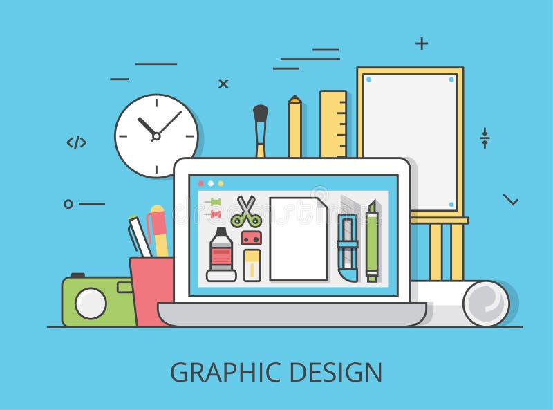 A arte lisa linear do Web site do projeto gráfico utiliza ferramentas o vetor ilustração stock A arte lisa linear do Web site do projeto gráfico utiliza ferramentas o vetor ilustração stock