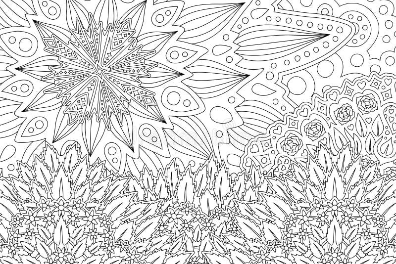 Beautiful abstract illustration for coloring book with monochrome linear sunny landscape. Beautiful abstract illustration for coloring book with monochrome linear sunny landscape